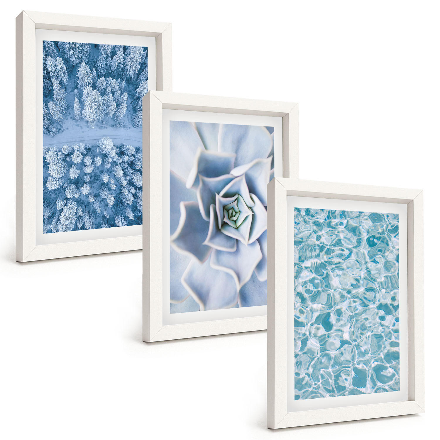 BILDER SET 3er Set - 20x30 cm Weißer Rahmen - Winterwald blaue Blume Wasser - Weiß, Kunststoff (20/30cm) - TULUP