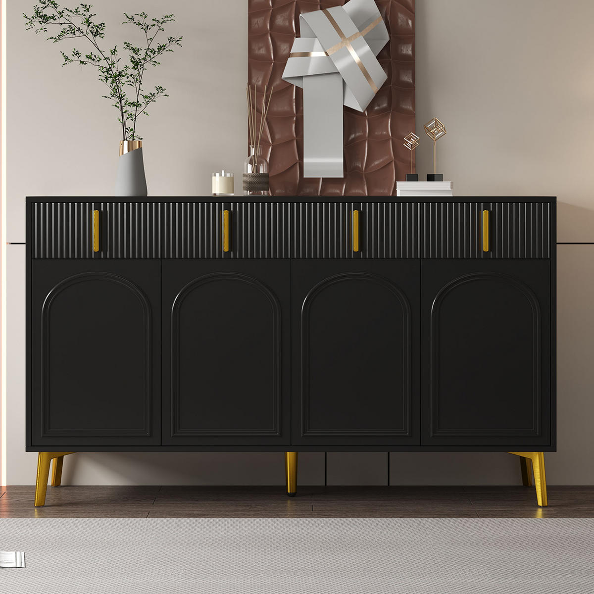 SIDEBOARD Schwarz mit 3 Schubladen, 2 Türen und offenen Fächern - Schwarz, Holzwerkstoff/Metall (140/82/37.8cm) - Urban Meuble