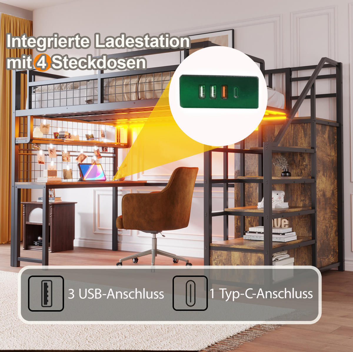 HOCHBETT 140/200 cm mit Stauraumtreppe, Kleiderschrank, Schreibtisch, Regal, Lichtleiste und Steckdose, Schwarz - Schwarz, Holzwerkstoff (140/200cm) - Redom
