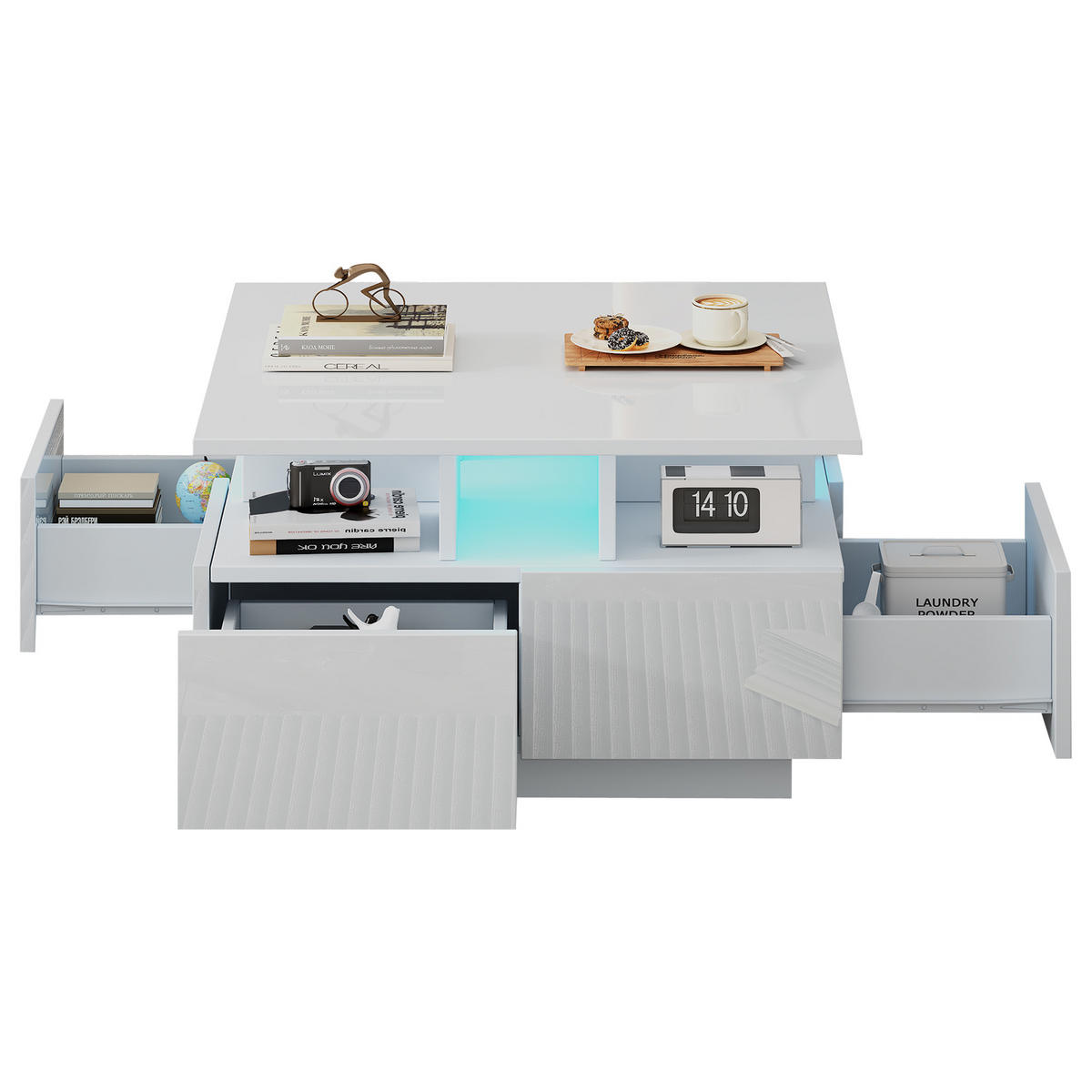 COUCHTISCH 70/70/40 cm Weiß mit 4 Schubladen und LED-Beleuchtung, geometrisches Design - Weiß, Holzwerkstoff (70/70/40cm) - OKWISH