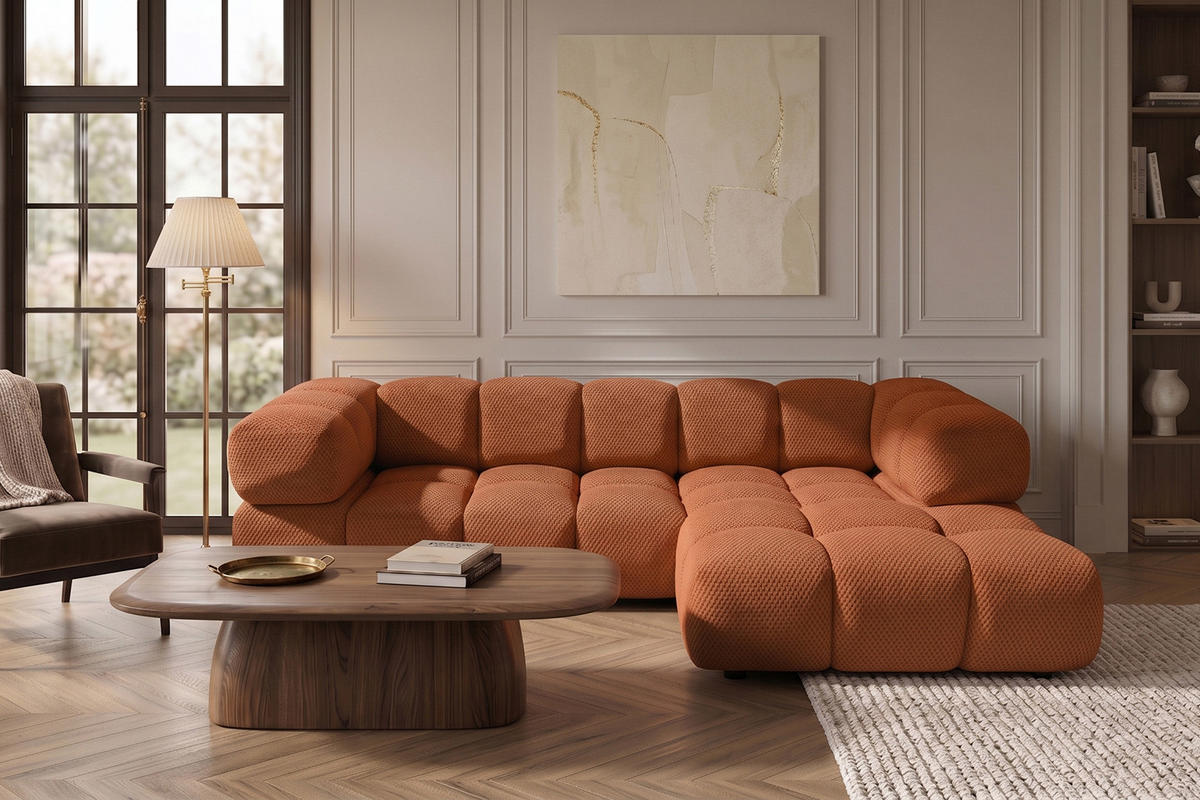 ECKSOFA L-FORM, Strukturierter Premiumstoff Sonic, Kupfer, Rechts, Averro - Orange, Holz (280/150cm) - Kaiser Möbel