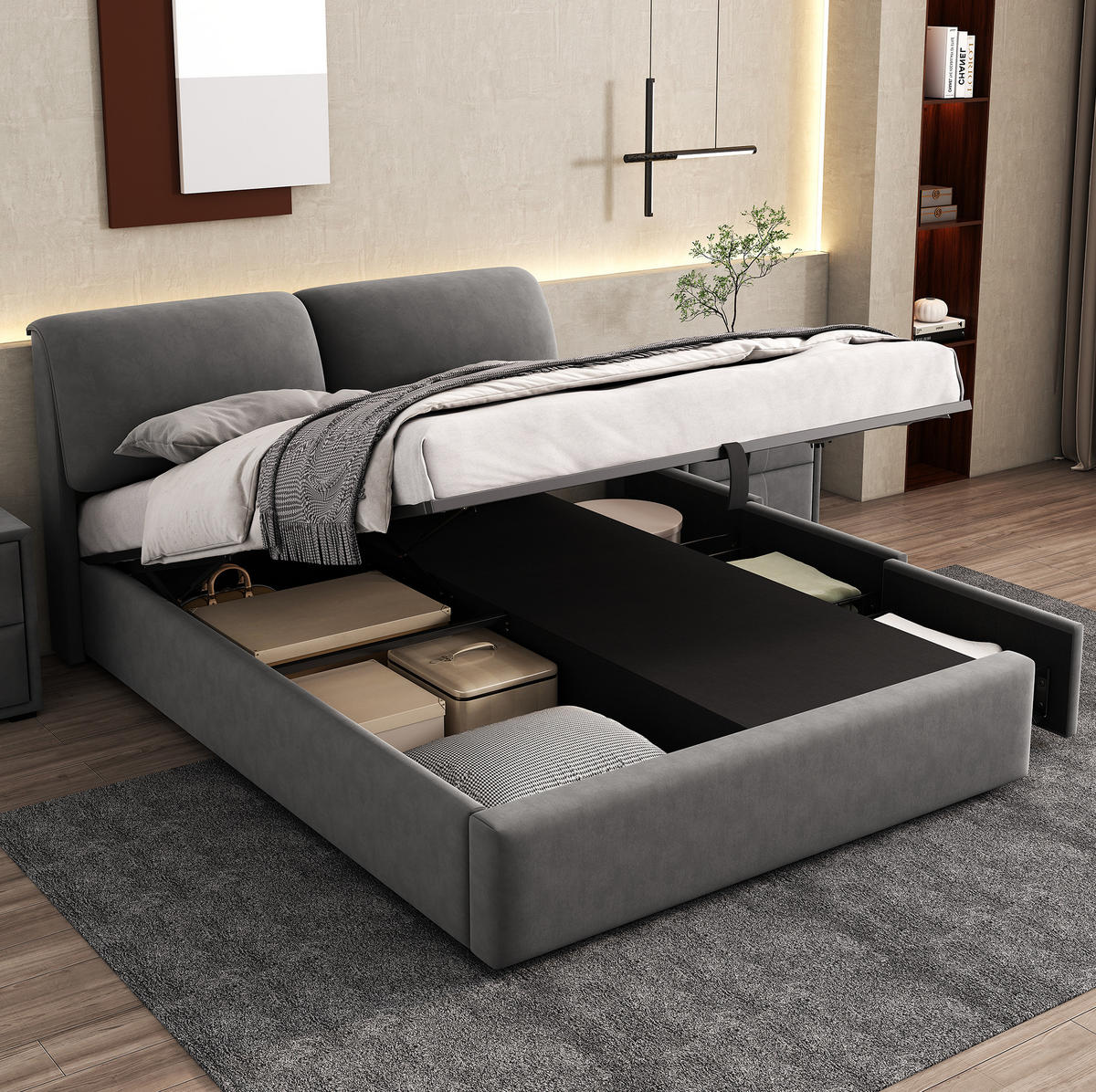 ČALÚNENÁ posteľ z velúru 140x190 cm sivá s hydraulickým úložným priestorom, 3 zásuvkami a nastaviteľným čelom - sivá, textil (140/190cm) - Modfu
