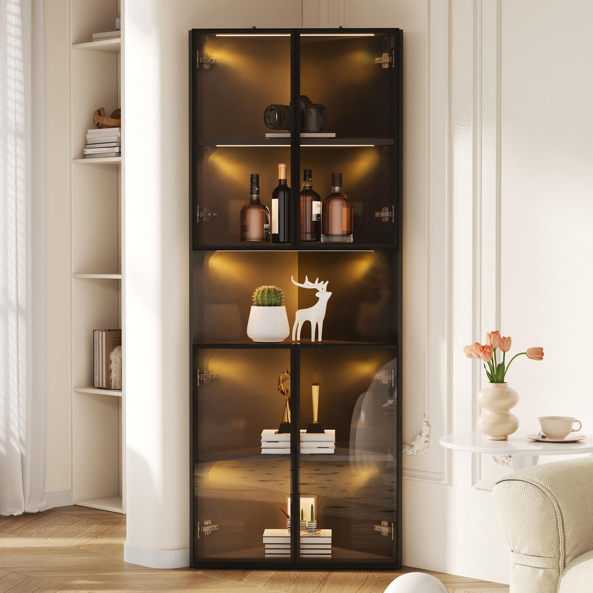 VITRINE Eckschrank LED Glasfront Schwarz 160cm Display Schrank - Schwarz, Holzwerkstoff (62/160/32cm) - FLIEKS