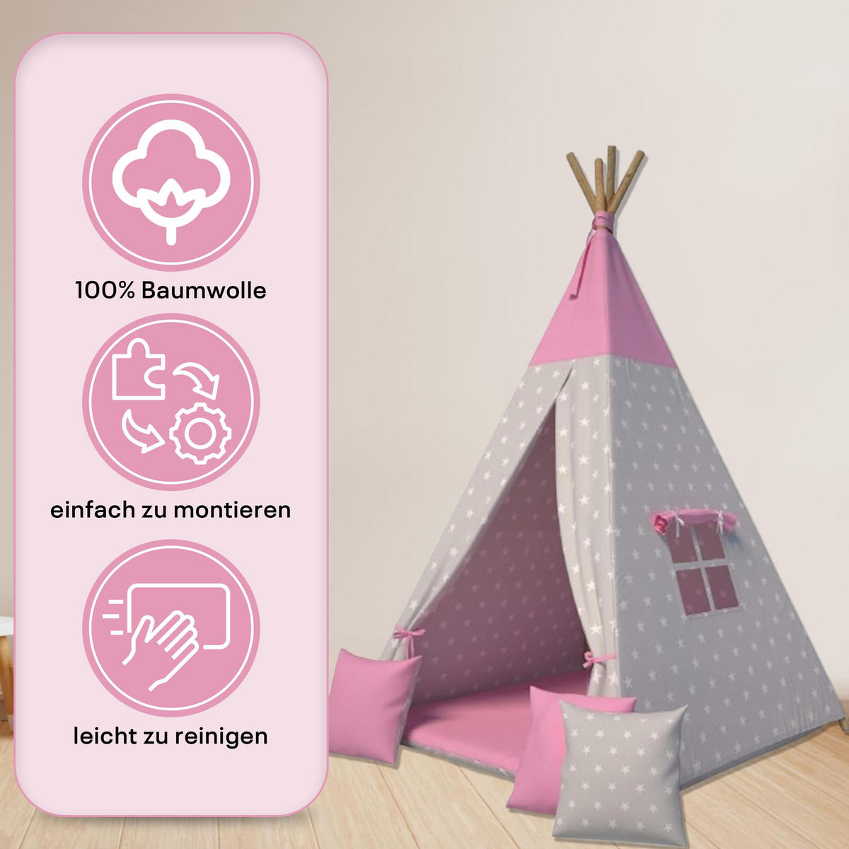TIPI-ZELT 105 x 105 x 140 cm Sterne rosa mit weichen Kissen | Spielzelt für Kinderzimmer Indoor - Magenta, Textil (105/105cm) - Best for Kids