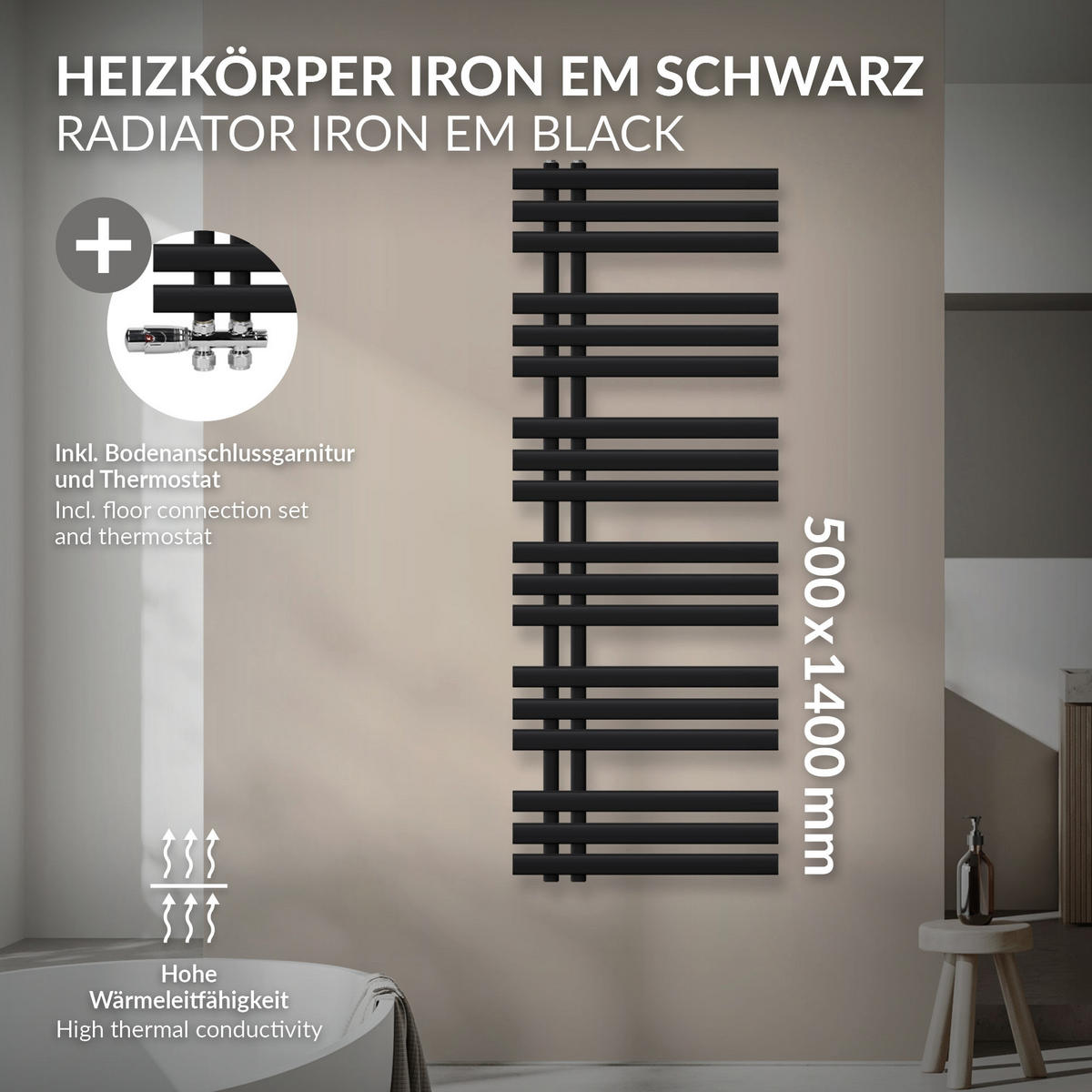 BADHEIZKÖRPER Iron EM 500x1400 mm Schwarz mit Ventil Durchgang - Schwarz, Metall (50/140/3cm) - LuxeBath