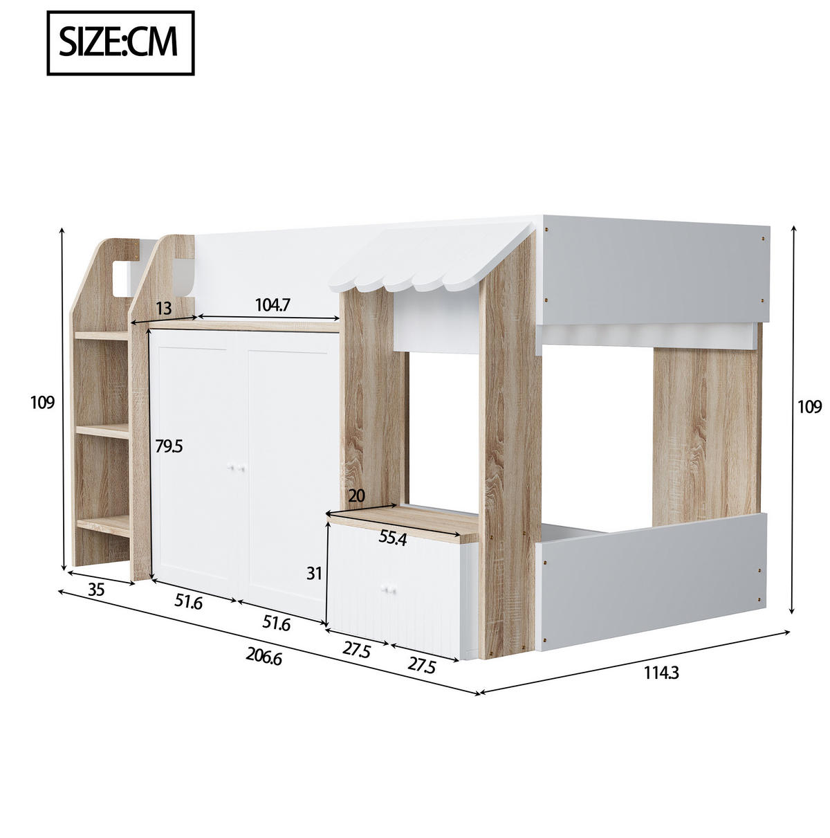 HOCHBETT 90/200 cm mit Leiter, Stauraum und hausförmigem Rahmen, Weiß/Natur - Weiß, Holzwerkstoff (90/200cm) - Redom