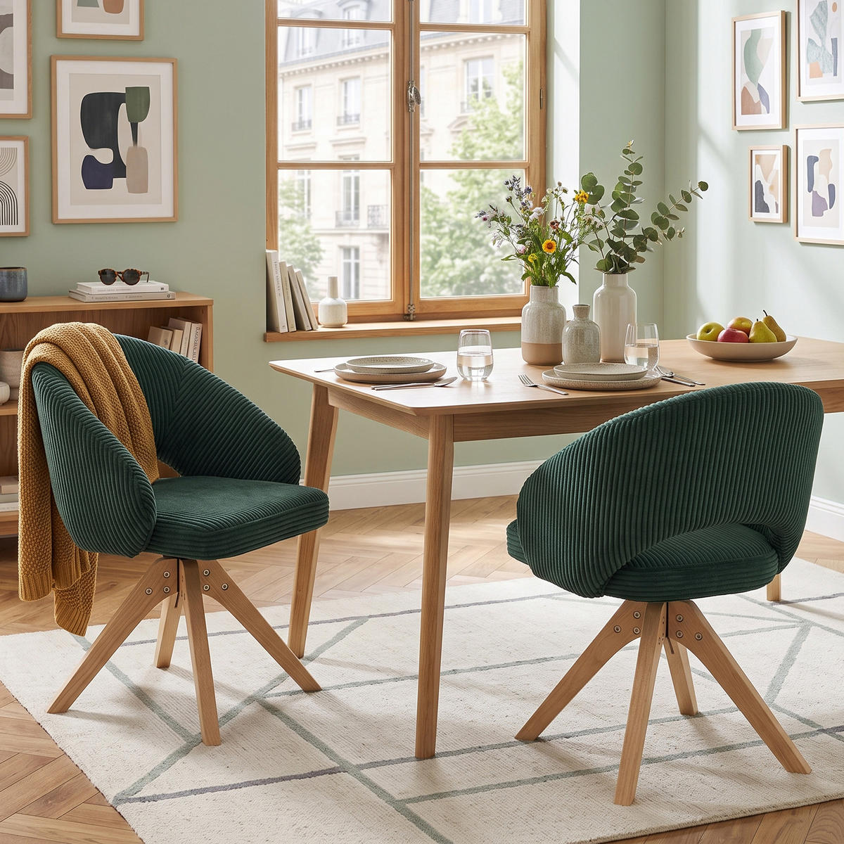 ESSZIMMERSTÜHLE 2er-Set Drehbar Samt Massivholz Retro-Stil - Dunkelgrün, Textil (46/84/49cm) - Urban Meuble