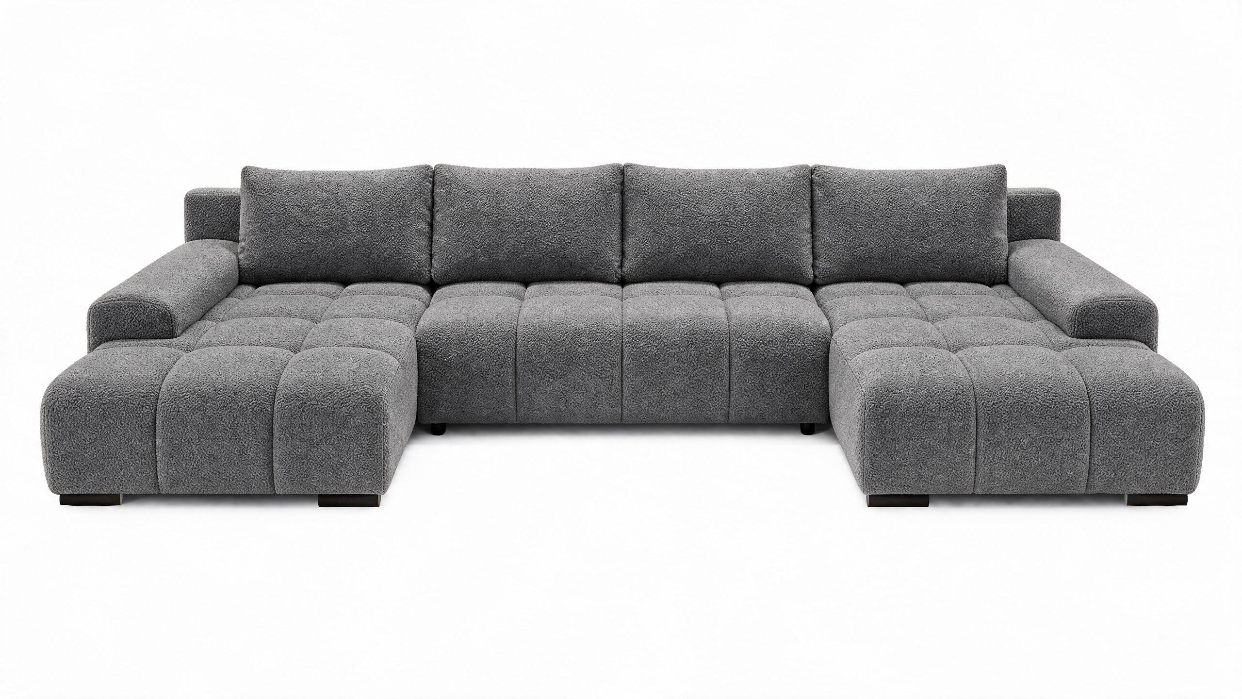 WOHNLANDSCHAFT OVIA U mit Bettkasten und Schlaffunktion, Bouclé-Stoff in U-Form - Dunkelgrau, Textil (350/80/185cm)