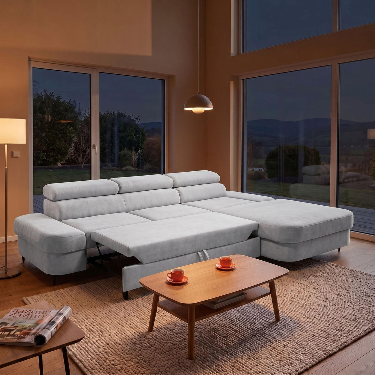 ECKSOFA JAZZ L Rechts mit Schlaffunktion 127x216 Velours Hellgrau - Hellgrau/Schwarz, Holz/Textil (237/285cm) - Muffo