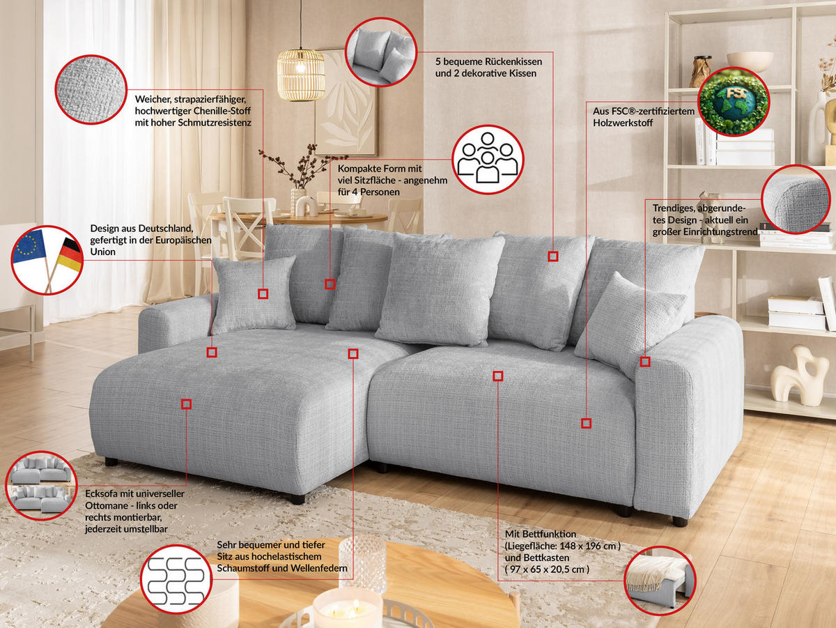 ECKSOFA Calma mit Schlaffunktion und Bettkasten im Bumpy-Design aus weichem Hellgrau Chenille-Stoff - Ottomane links - Beige/Hellgrau, Holz/Kunststoff (140/239cm) - S-Style Möbel