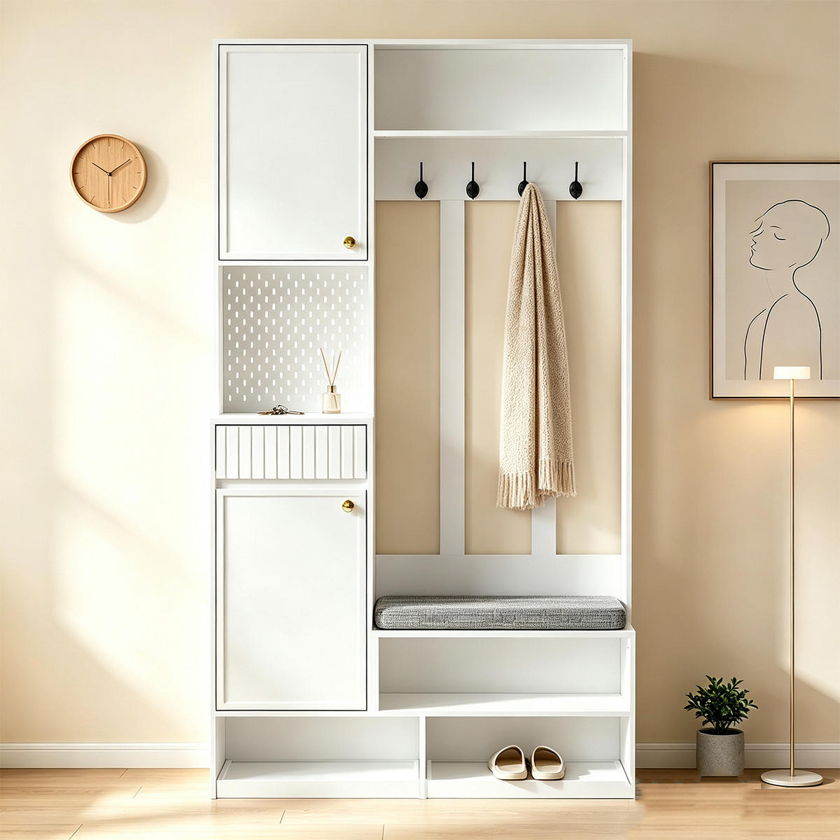 FLUR-SET mit Bank, 4 Haken, Türen und Schubladen, weiß - Weiß, Holz (35/180/100cm) - Meubles Cosy