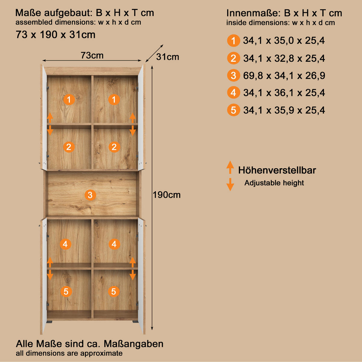 HOCHSCHRANK Asteiche 73 x 190 cm, Badschrank 4-türig - Eichefarben, Holzwerkstoff/Kunststoff (73/190/31cm) - Top.Furn
