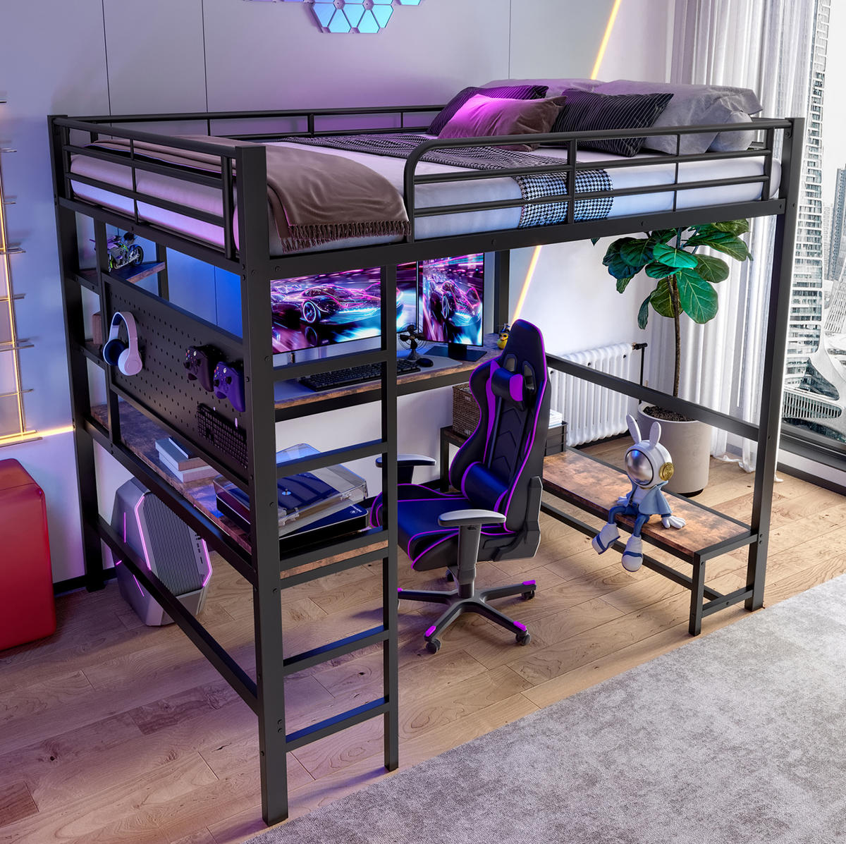 HOCHBETT 140/200 cm, Schwarz mit Schreibtisch, LED und USB-C - Schwarz, Metall (140/200cm) - MIVRAY