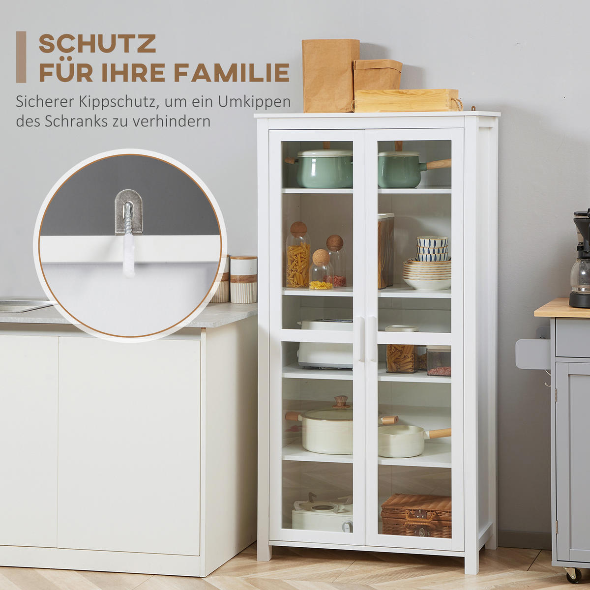 KÜCHENSCHRANK Hochschrank Küchenbuffet mit 2 Glastüren, Weiß 80 x 39,5 x 160 cm - Weiß, Holz (80/160/39.5cm) - HOMCOM