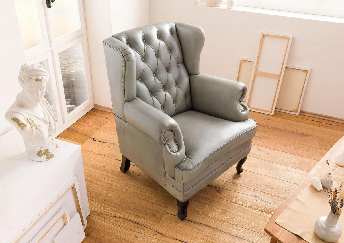OHRENSESSEL Echtleder 88x81x105 grau CHESTERFIELD #201 - Grau, Leder (88/105/81cm) - Massivmoebel24