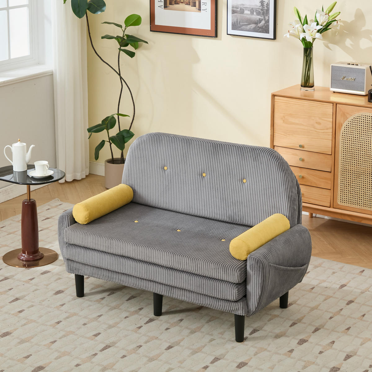 2-SITZER SCHLAFSOFA Cord Grau mit verstellbarer Rückenlehne und 2 Kissen - Grau, Kunststoff/Textil (133.5/85/77cm) - WISHDOR
