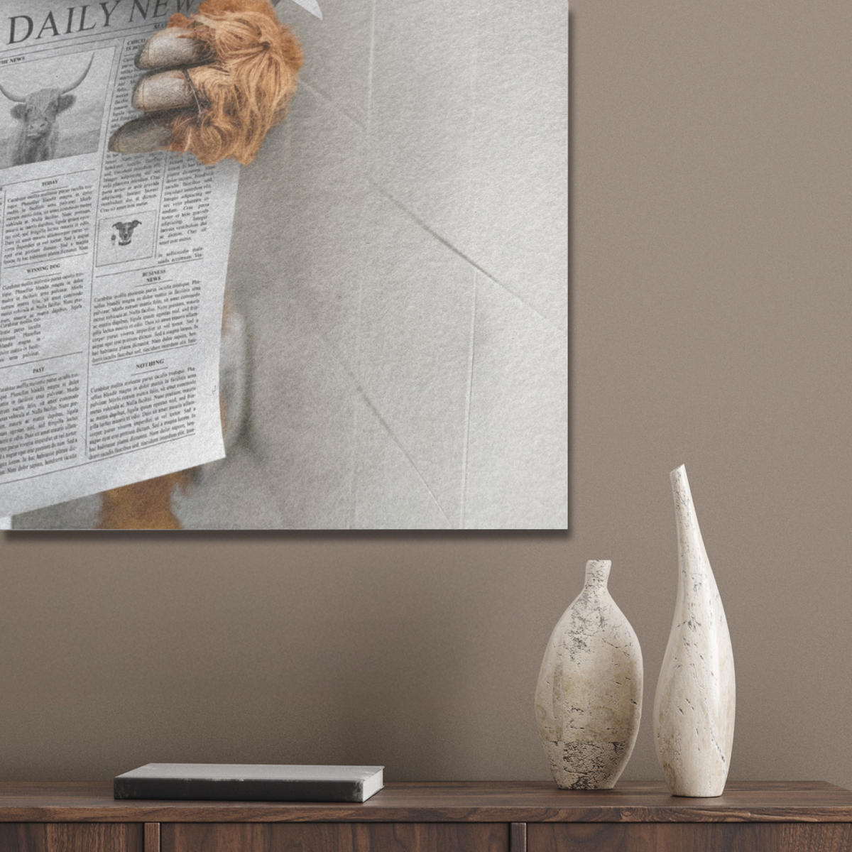 AKUSTIKPANEEL Schottisches Hochlandrind - Tier - Zeitung - Toilette 90x90 cm - Kastanienfarben, Textil (90/0.9/90cm) - MuchoWow