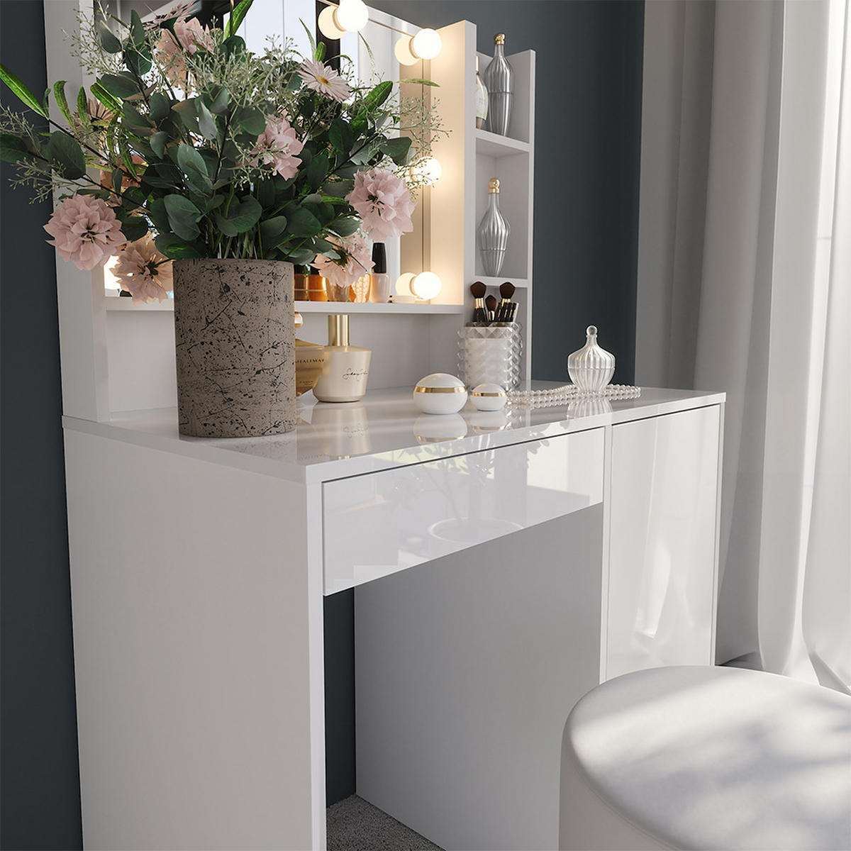 SCHMINKTISCH Sherry Weiß/Weiß Hochglanz 89.8 cm 5 Teile - Weiß Hochglanz, Holzwerkstoff (89.8/76/50.1cm) - Vicco