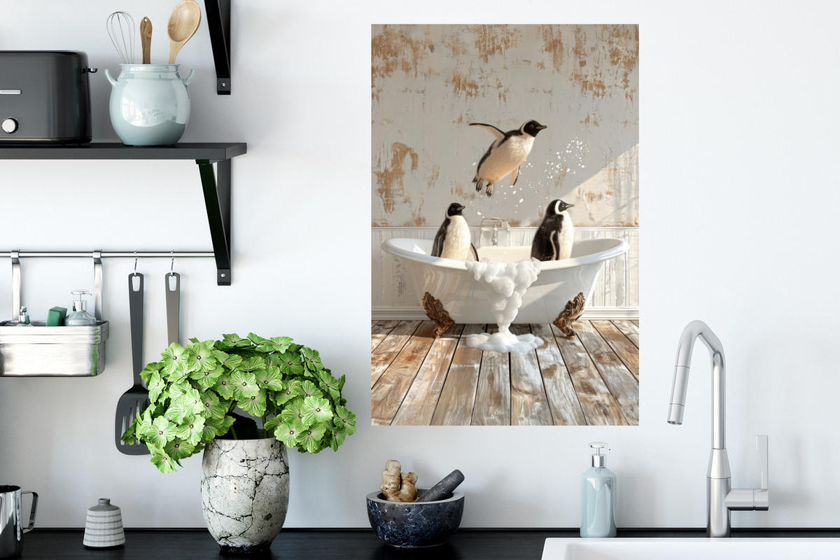 WANDTATTOO Vintage - Pinguin - Badewanne - Schaumstoff 40x60 cm - Schwarz, Kunststoff (40/60/0.1cm) - MuchoWow