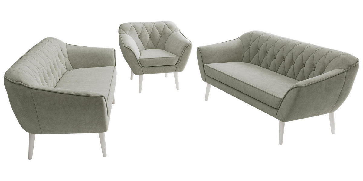 SEDACIA ZOSTAVA 3+3+1 PIRS - Svetlosivá Štruktúrovaná látka - Biele nohy - biela/svetlosivá, kompozitné drevo/textil (180/75/74cm) - MKS