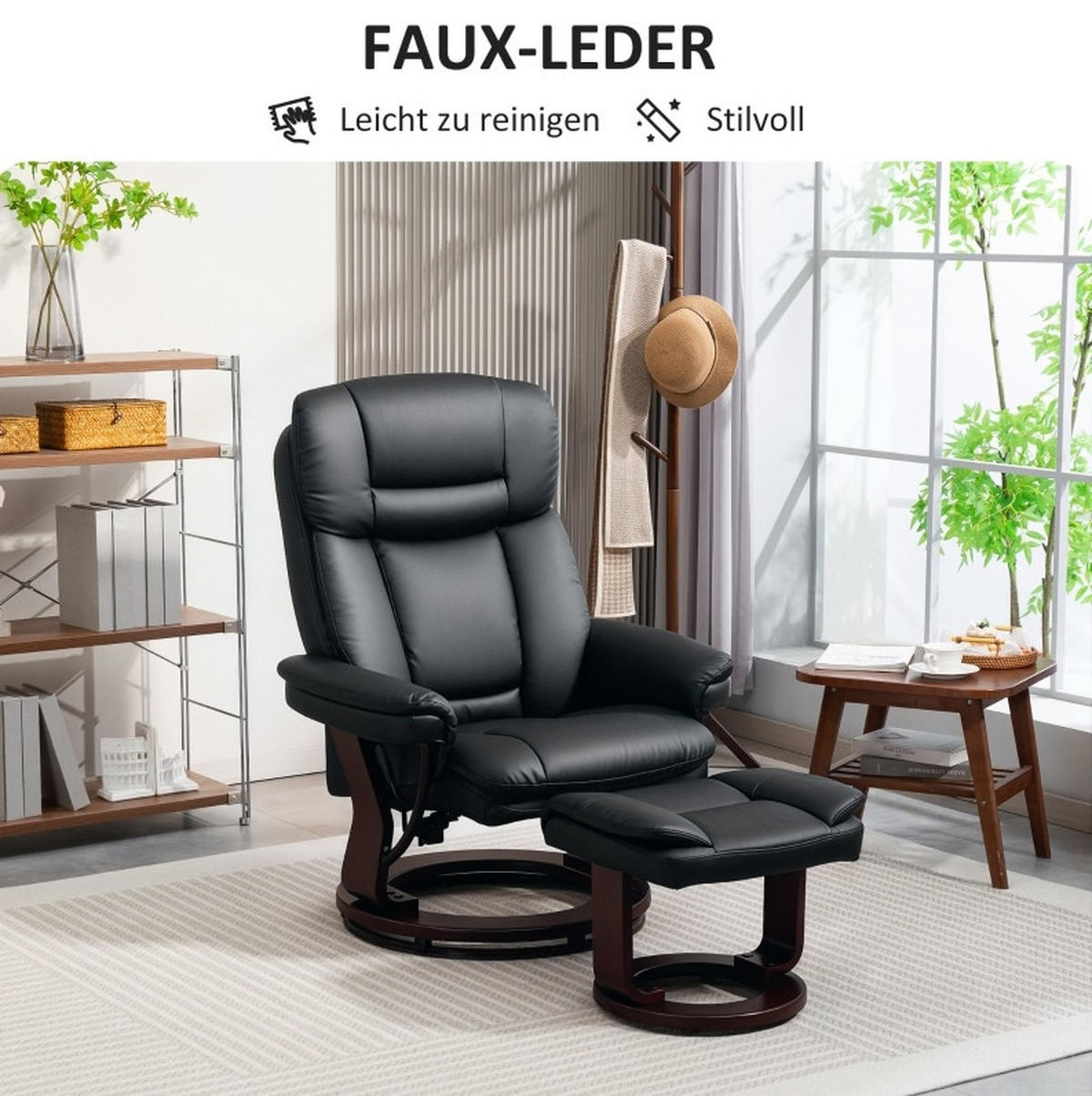 RELAXSESSELSET 86/83/107 cm in Schwarz mit Hocker und Liegefunktion - Schwarz, Kunststoff (83/107/86cm) - Flora Grace