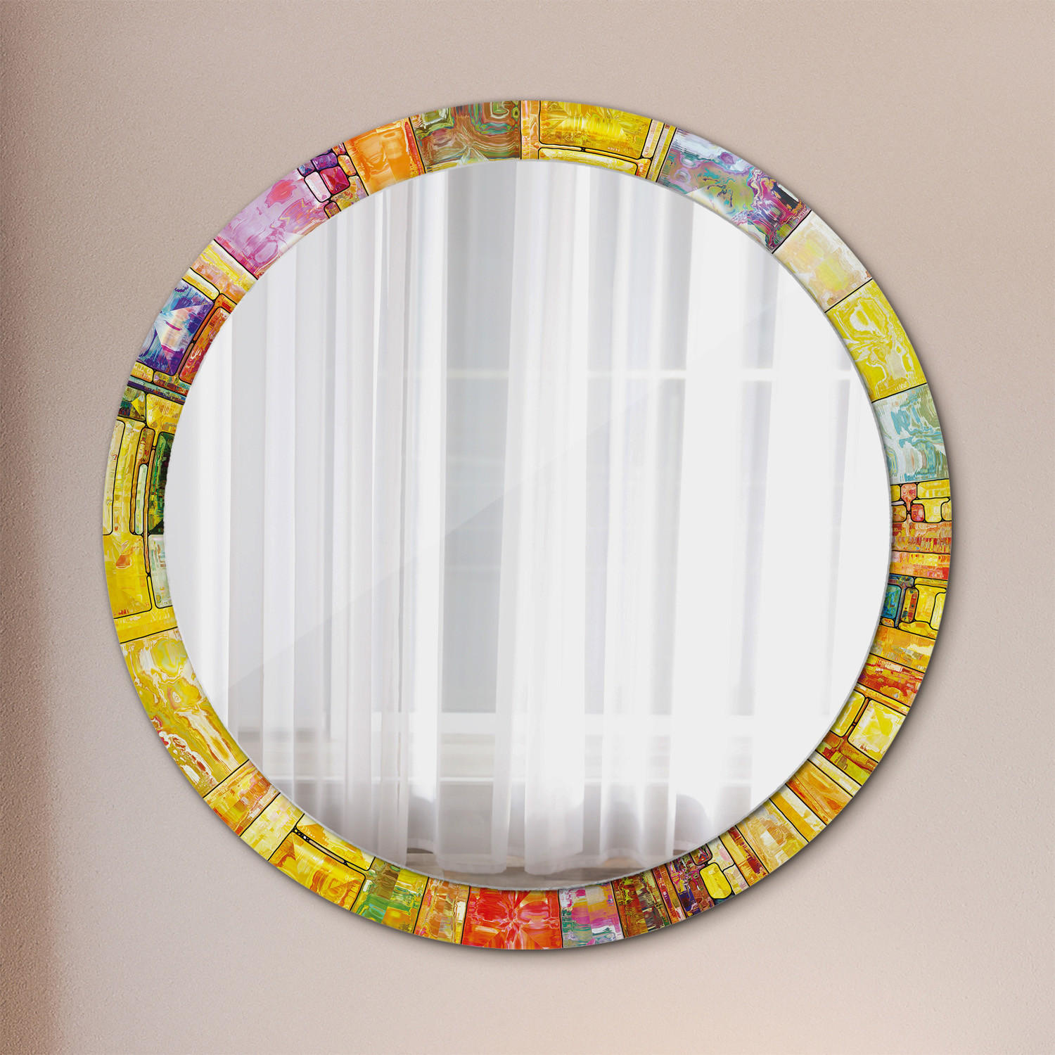 SPIEGEL Ø100 cm Rund mit Aufdruck - Gelb/Multicolor, Glas (100/100/0.4cm) - TULUP