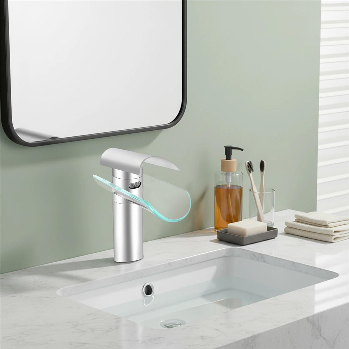 WASCHTISCHARMATUR Wasserfall Messing mit Glasauslauf - Silberfarben, Metall (17.5/17.5/3.5cm) - Kaket