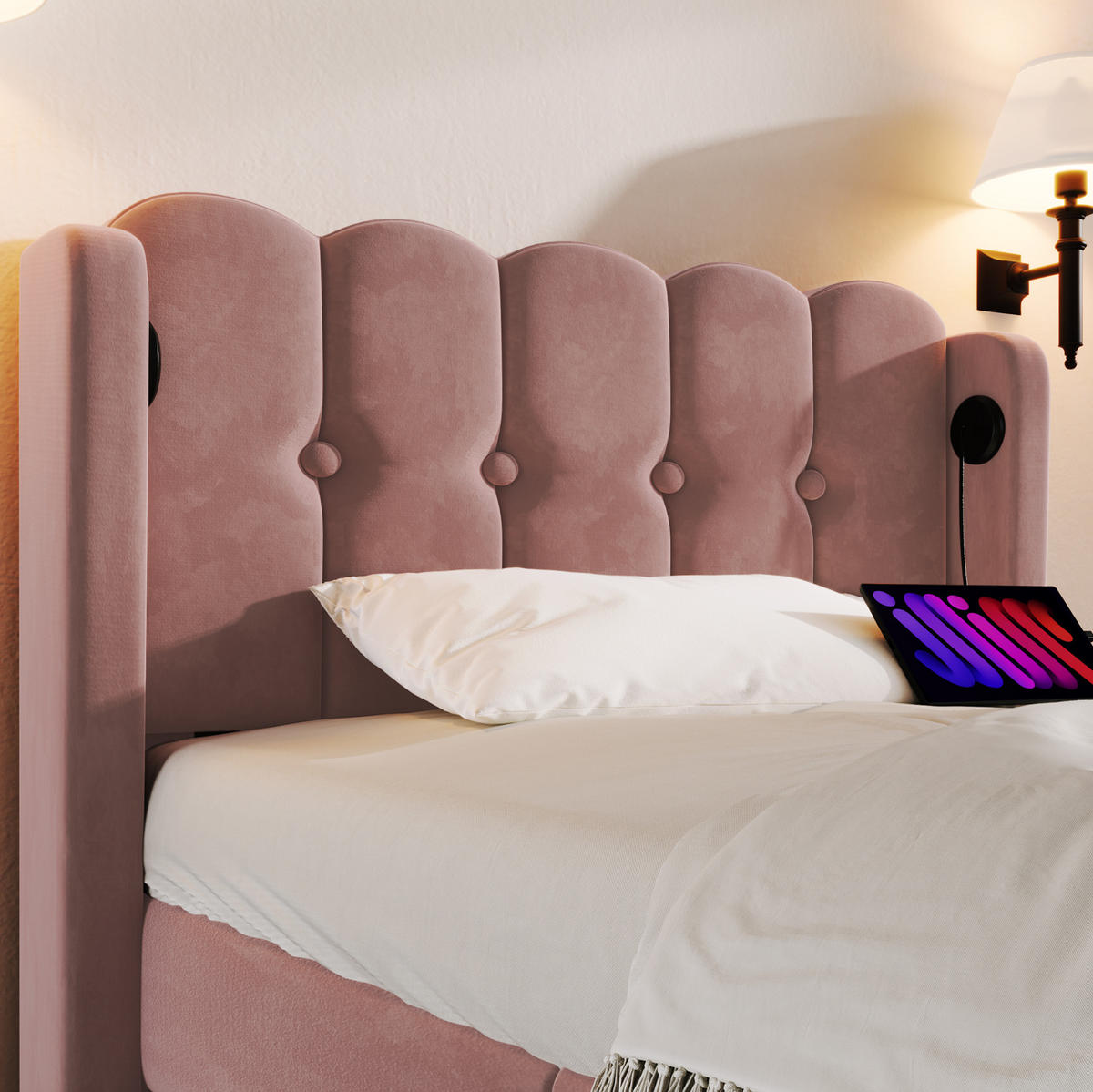 POLSTERBETT 90/200 cm in Rosa aus Samt mit USB- und Type-C-Anschlüssen - Rosa, Textil (90/200cm) - Flora Grace