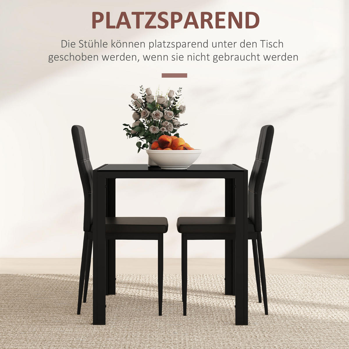 ESSGRUPPE Esstisch mit 2 Stühlen Platzsparend Esszimmergruppe Sitzgruppe Schwarz - Schwarz, Glas (75/75/75cm)
