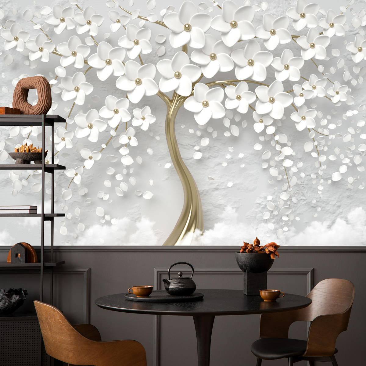 FOTOTAPETE für Schlafzimmer Perlmutt Blumen Abstract Baum 200x140 - Gelb/Goldfarben, Papier (200/140cm) - Muralo