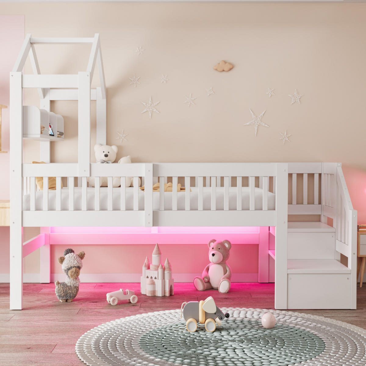 KINDER-HOCHBETT 90 x 200 cm mit Dach, USB und LED, Weiß - Weiß, Holz (90/200cm) - FLIEKS