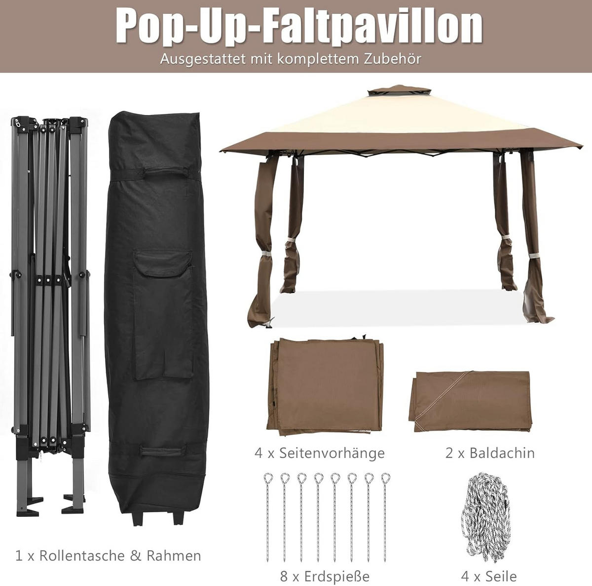 PAVILJONG Brun - Brun, Textil (395/284/395cm) - COSTWAY