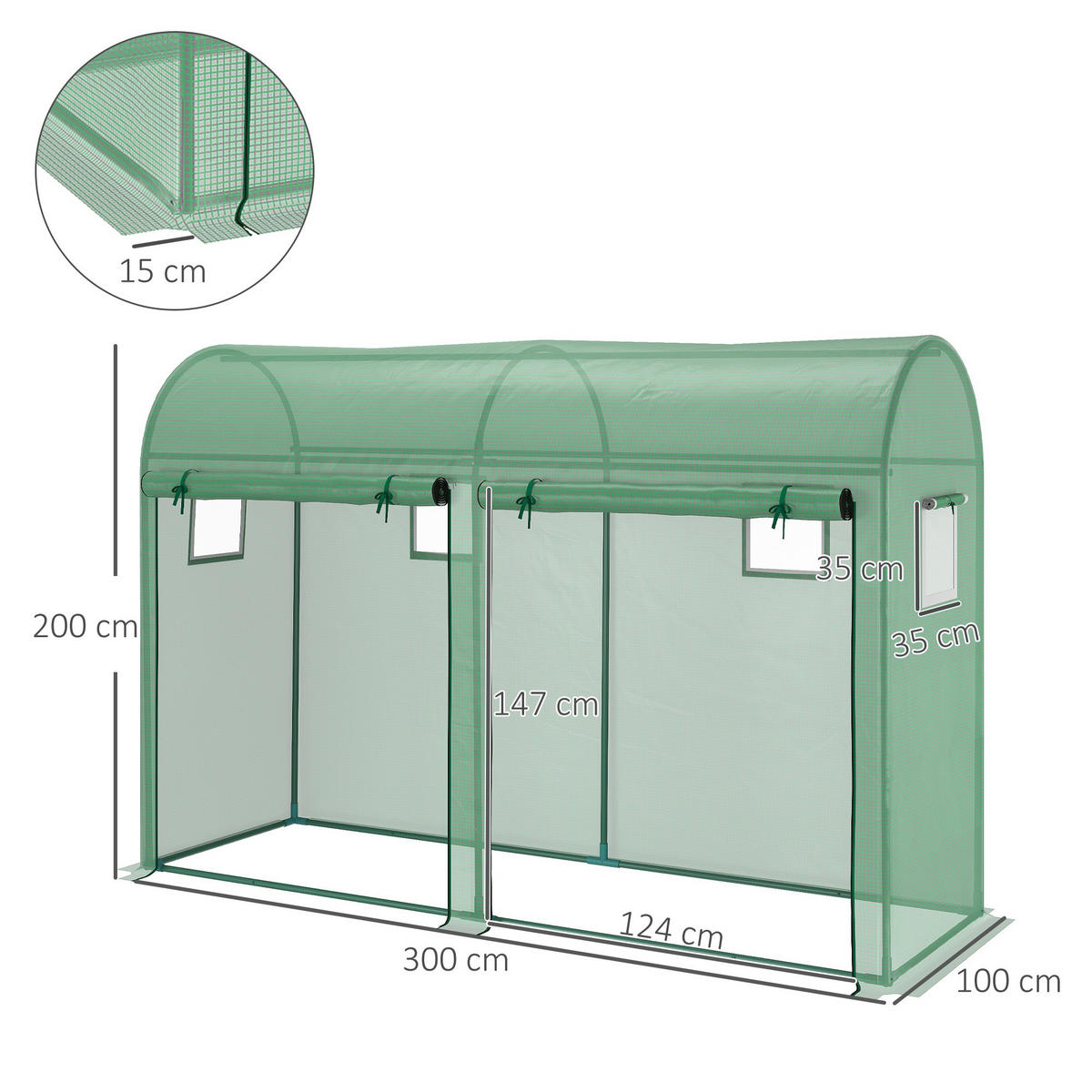 TUNNELGEWÄCHSHAUS, Balkon Doppeltüren 4 Fenster Stahl, grün - Dunkelgrün, Metall (100/200/300cm) - Vallsero