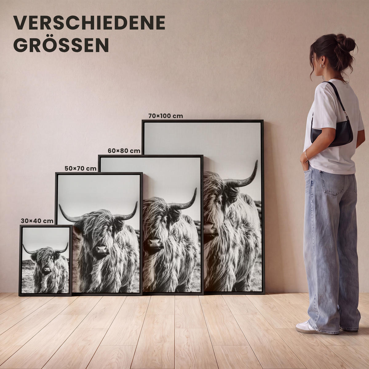 LEINWAND Bilder mit Rahmen - Kuh - Schottischer Hochländer - Schwarz - Weiß - Tier - Natur - Wildtiere - 70x100 - Schwarz, Textil (70/100cm) - MuchoWow