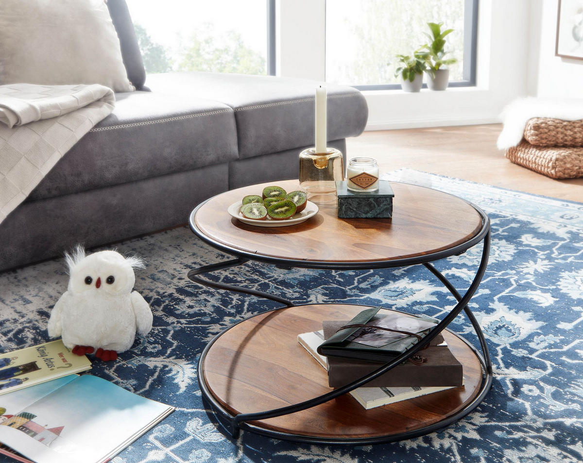 COUCHTISCH Schwarz/Braun, Sheesham Massivholz und Edelstahl, mit 2 Ablageflächen - Schwarz/Braun, Holz/Metall (58/58/35cm) - KADIMA DESIGN