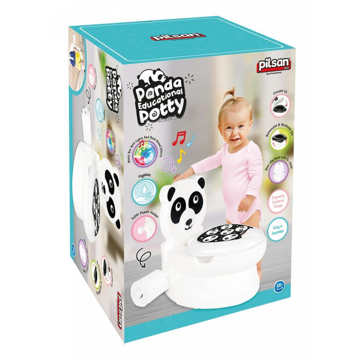 TÖPFCHEN Panda 07561 weiß Toilettenpapierhalter, Musik, Licht, Klappdeckel, rutschfeste Basis - Schwarz, Kunststoff (27/41cm) - Pilsan
