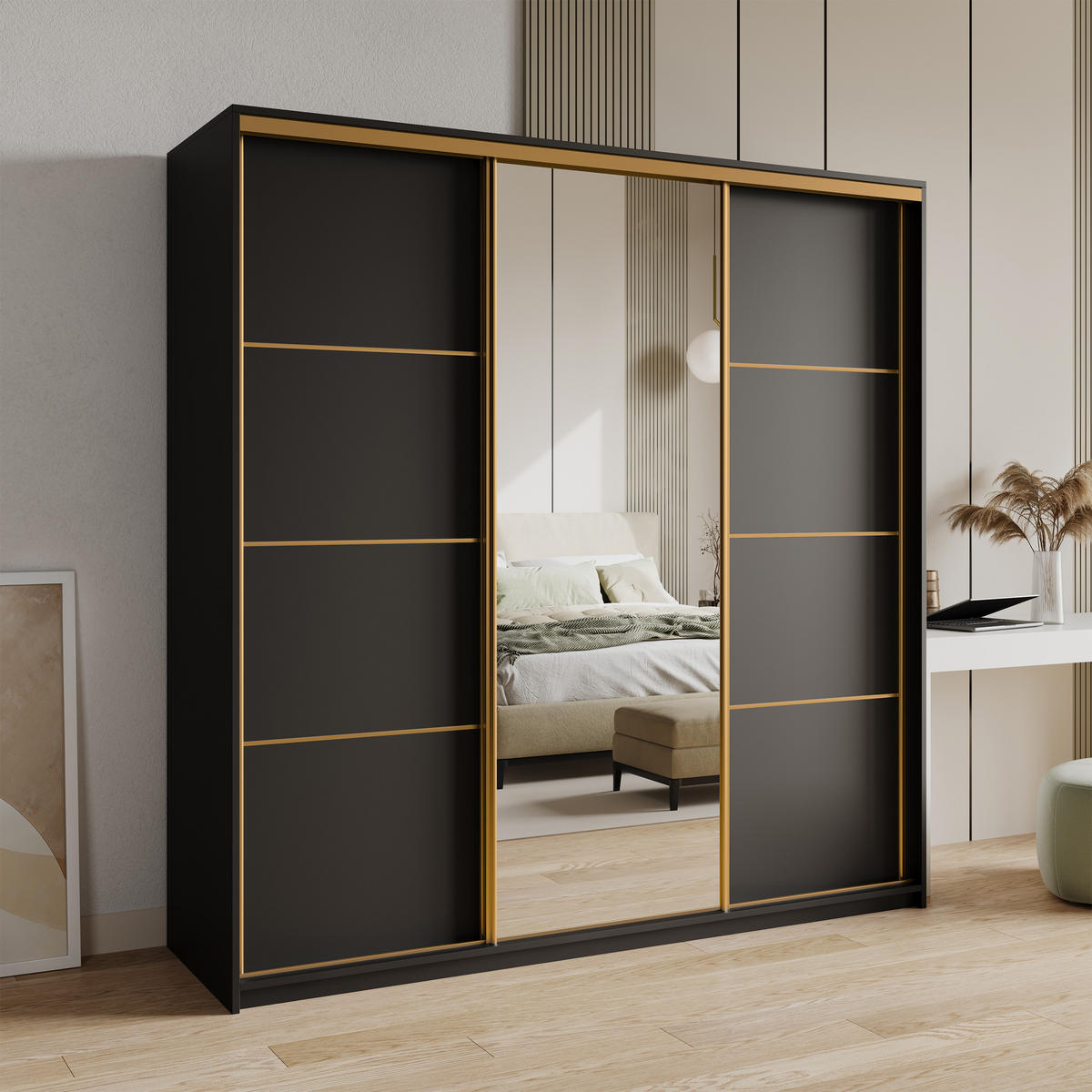 ŠATNÍ SKŘÍŇ S POSUVNÝMI DVEŘMI VARO, 180/205/60 cm 3dveřová se zrcadlem a zásuvkami, černá - černá/zlatá, kompozitní dřevo (180/205/60cm) - MASSENO