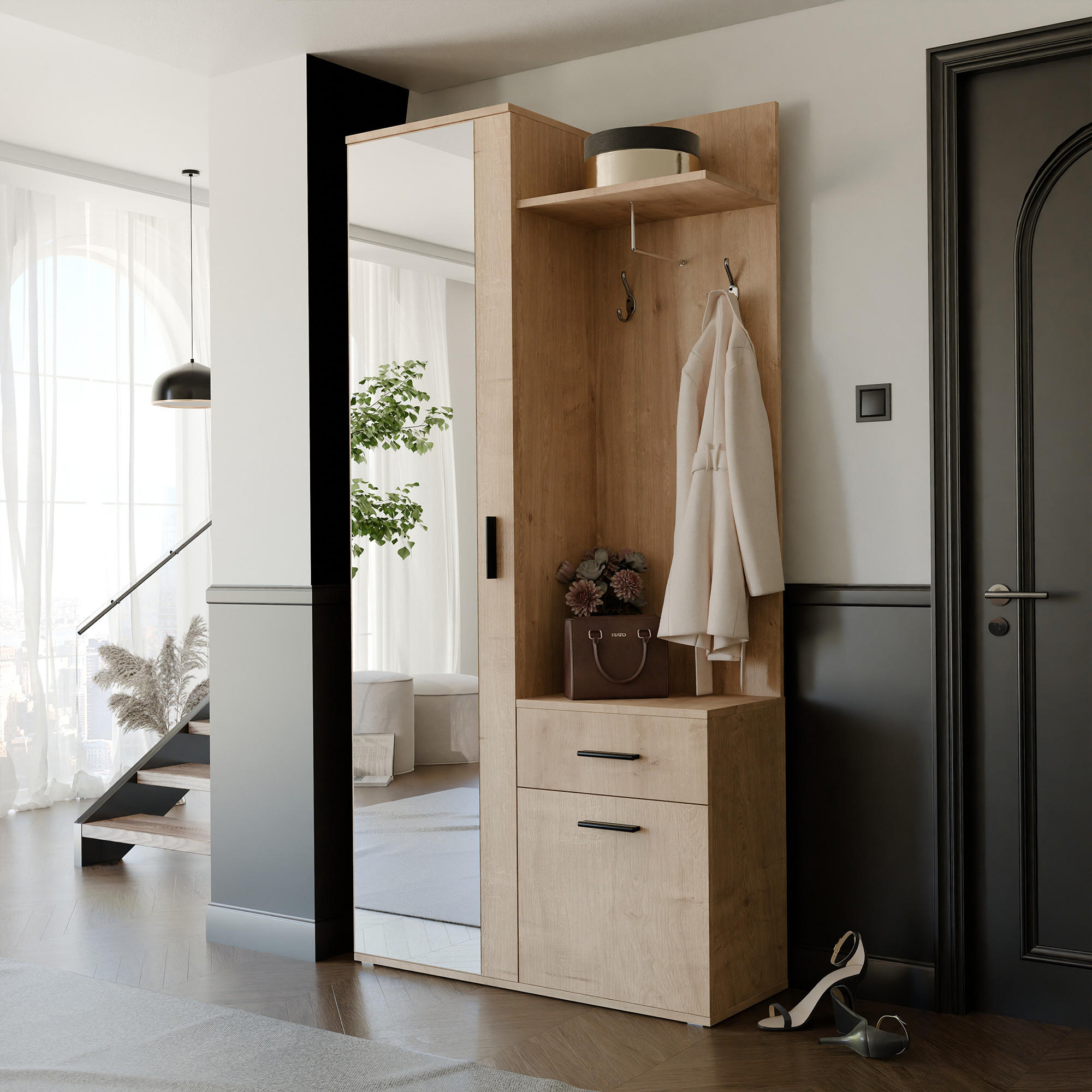 GARDEROBENSCHRANK mit Spiegel-mit Ablagen und Kleiderstange - Braun, Holzwerkstoff (97/195/30cm) - Idohome