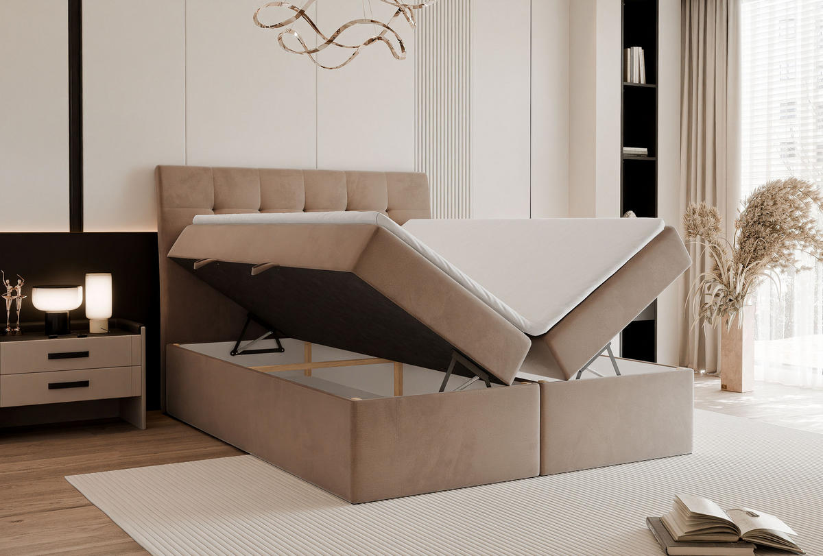 BOXBETT BAILEY 120/200 cm mit Matratze und Topper, Hellbraun - Hellbraun/Schwarz, Textil/Metall (120/200cm) - Idohome