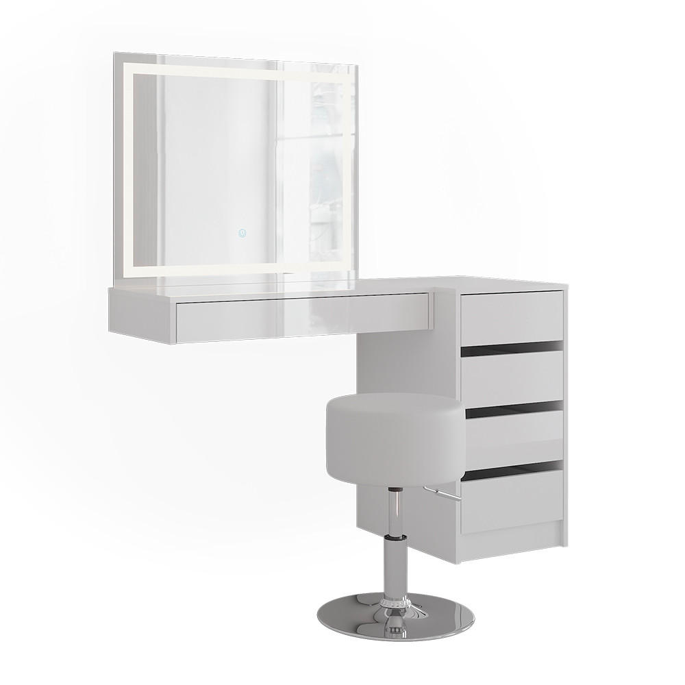 MASUTA DE TOALETA Sherry, Alb/Alb lucios ridicat, 120.2 cm cu oglinda LED, taburet si dulap cu sertare