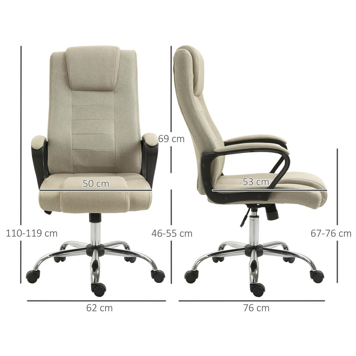 BÜROSTUHL mit Wippenfunktion 62 x 76 x 110-119 cm Beige - Beige, Kunststoff (62/119/76cm) - Vinsetto