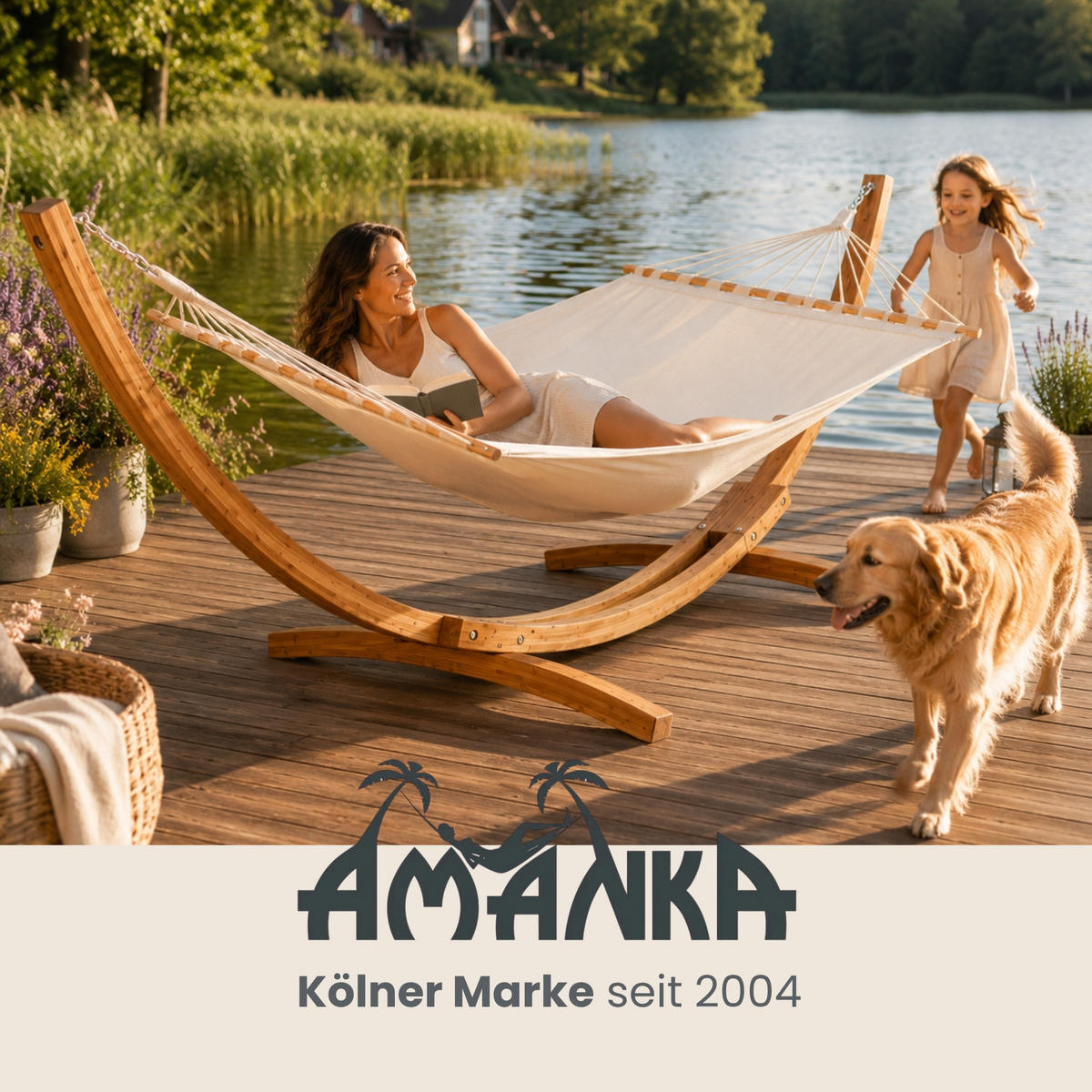 XXL-HÄNGEMATTE mit Holzgestell bis 150kg, 325/120cm, Beige - Beige, Holz (120/118/325cm) - Amanka