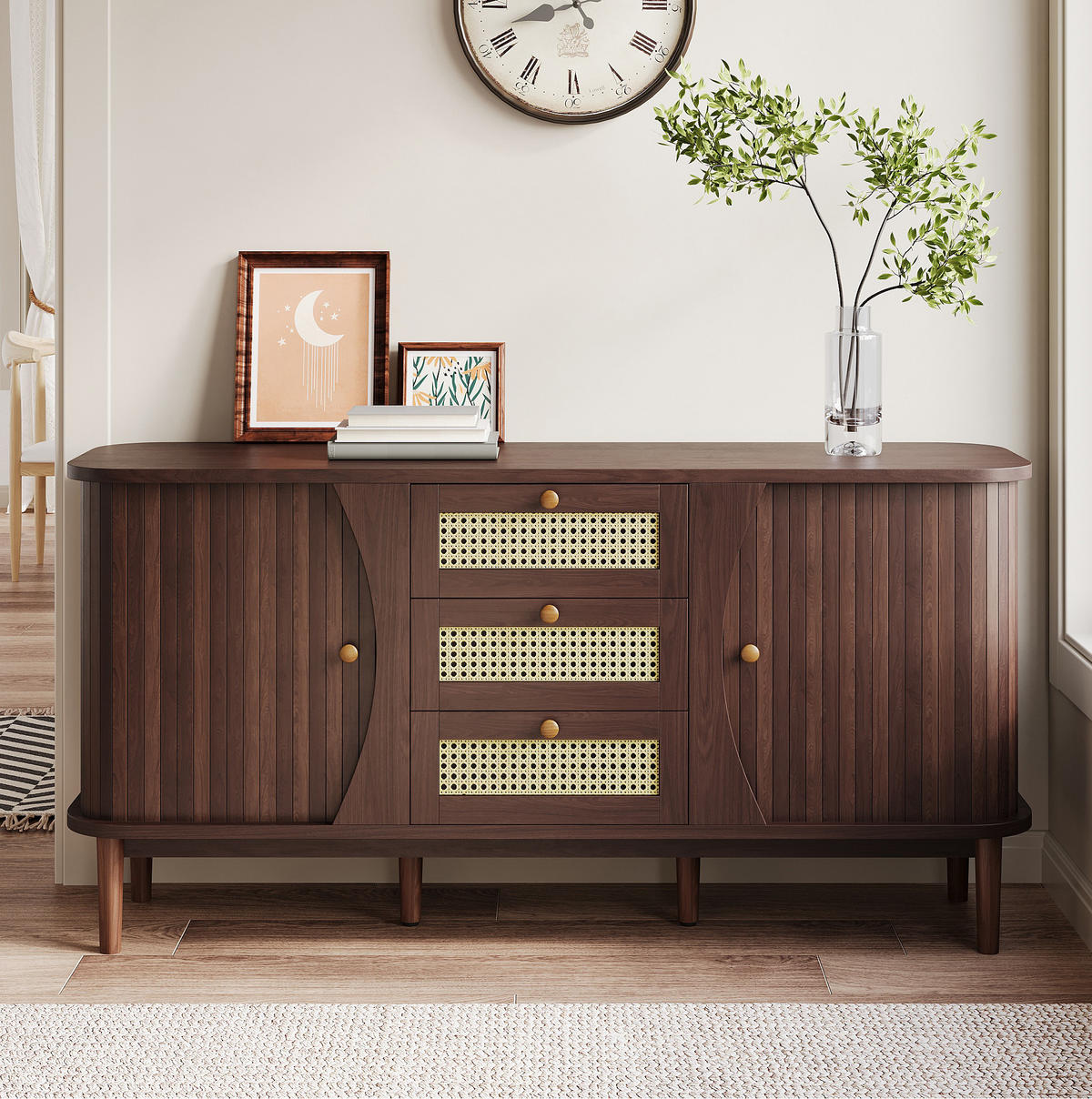 SIDEBOARD 140,5/40/76 cm mit 2 Schiebetüren & 3 Rattanschubladen in Walnuss-Optik - Naturfarben, Holzwerkstoff (140.5/73/40cm) - BEAOK