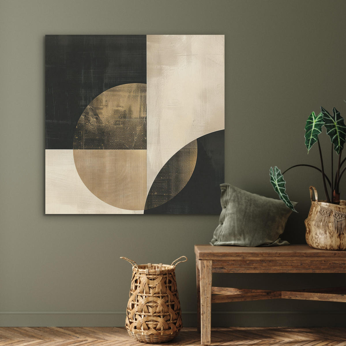 AKUSTIKPANEEL Abstrakt - Geometrische Formen - Schwarz - Gold 90x90 cm - Ecru, Textil (90/0.9/90cm) - MuchoWow