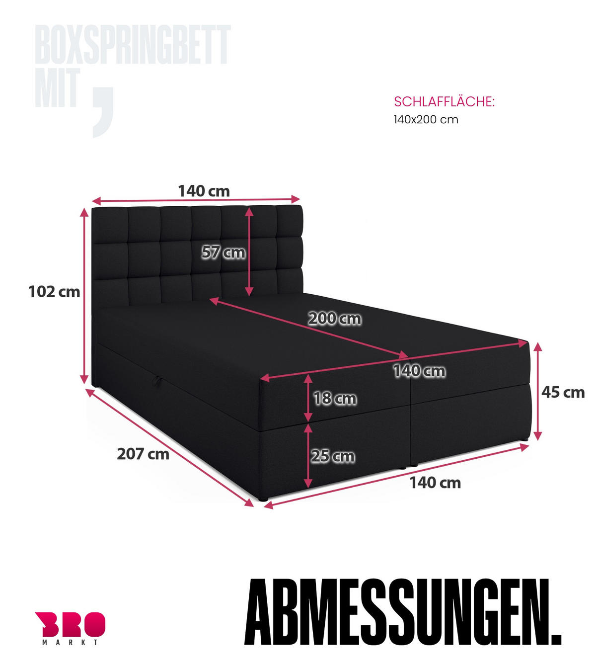 BOXBETT Dakota mit Topper 140/200 Schwarz - Schwarz, Textil (140/200cm) - Bromarkt