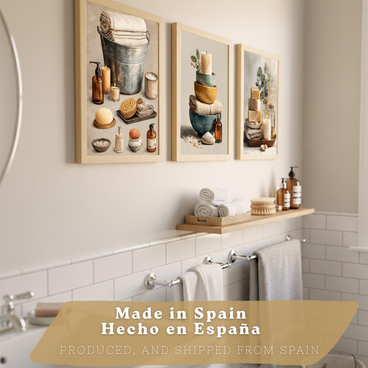 POSTER Set aus 3 Badezimmer Wandbildern und Drucke zur Dekoration für Waschbecken Dusche WC mit Kerzen Seifen und Handtüchern Leichter Holzrahmen A3 - Beige, Papier (42/29.7/3cm) - Nacnic
