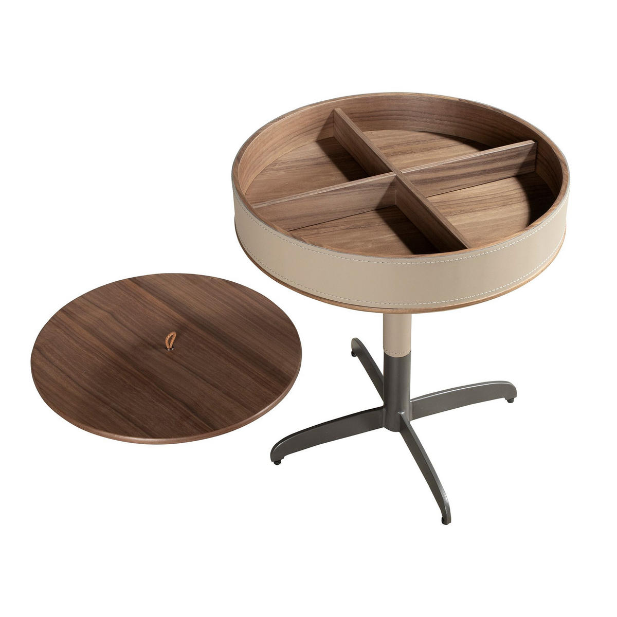RUNDER Ecktisch Leder, Nussbaum und grauer Stahl - Graubraun/Braun, Leder/Holz (46/46/50cm) - ANGEL CERDA