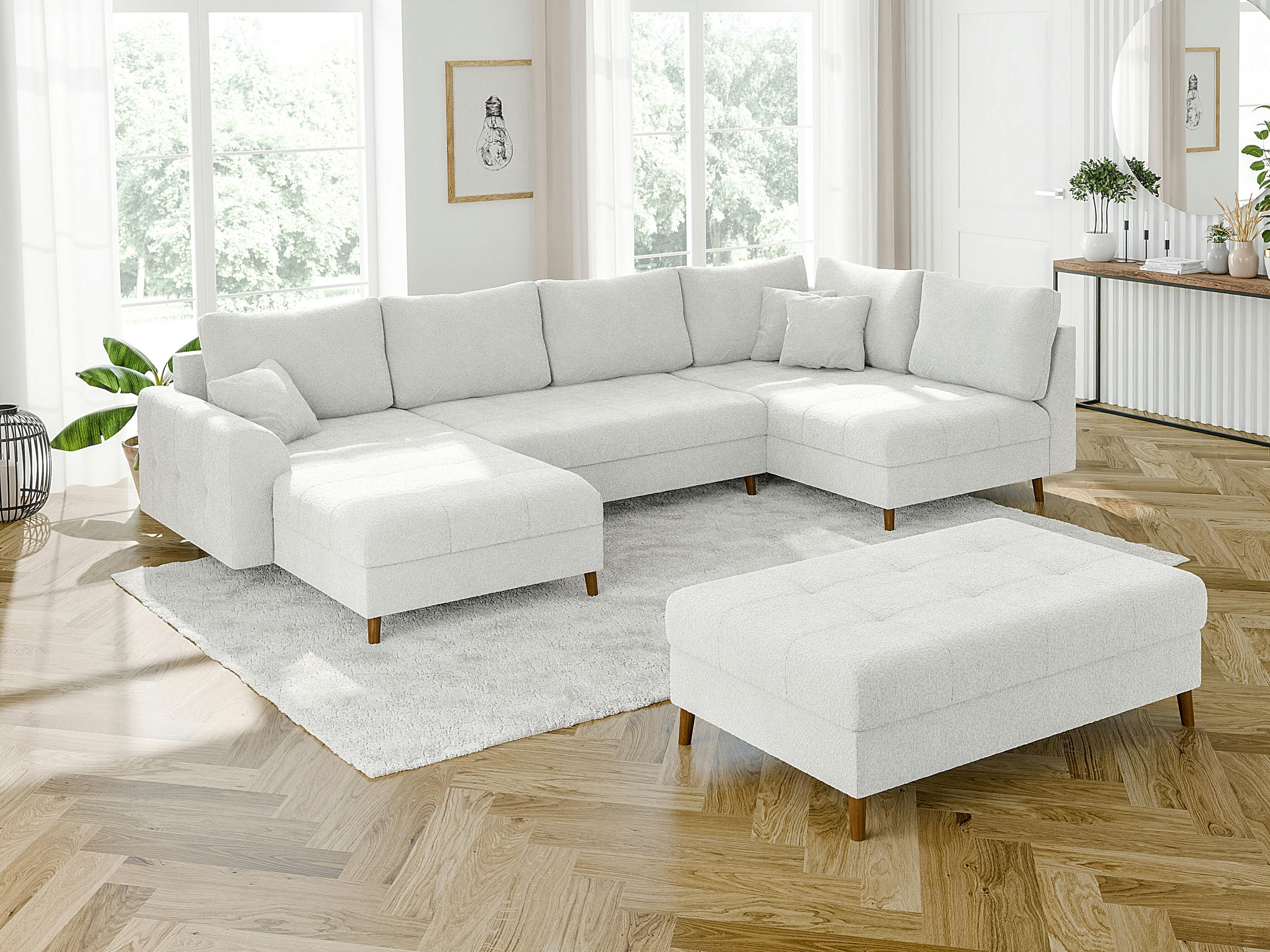 WOHNLANDSCHAFT inkl. Hocker Henrik Weiß Boucle - Weiß/Braun, Holz/Textil (310/81/161cm) - S-Style Möbel