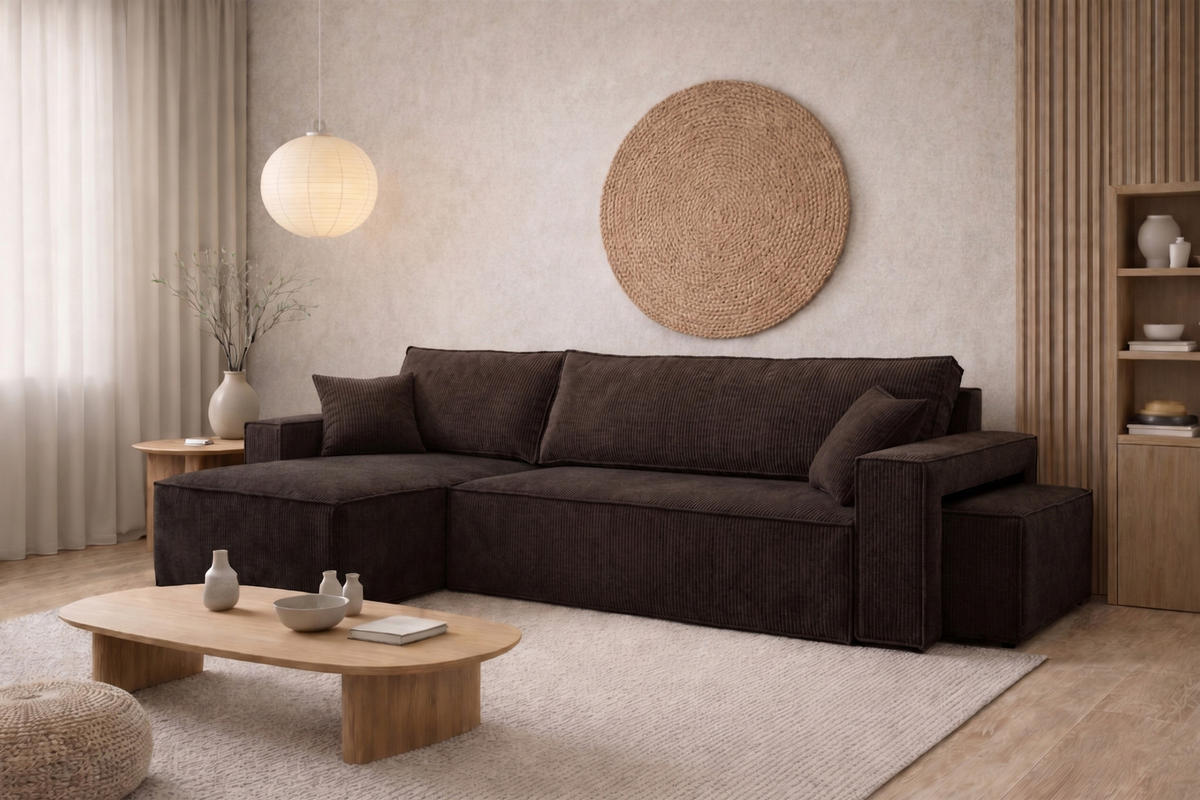ECKSOFA Mit Schlaffunktion Und Pouf, Cordstoff Poso, Braun, Links, Best L Mit Pouf - Braun, Holz (244/145cm) - Kaiser Möbel