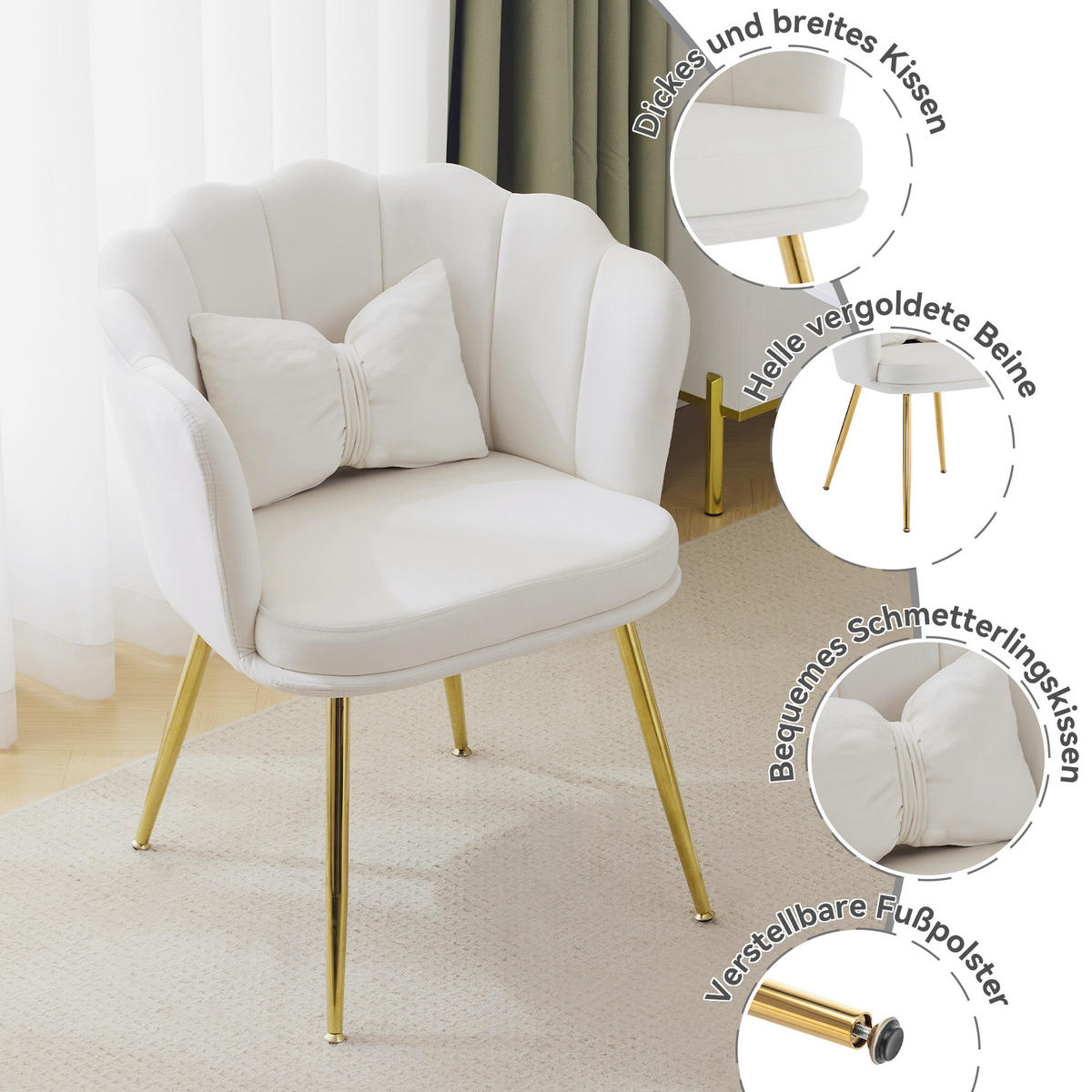 STUHL SET 6-TEILIG Samt Polster Blütenblatt-Rücken Goldfüße & Kissen Beige - Beige, Holz (62/43/54cm) - FLIEKS